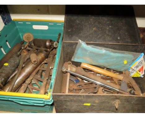 A CRATE OF ASSORTED TOOLS TOGETHER WITH TOOL BOXES AND CONTENTS
