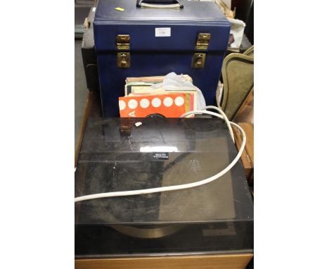 A BSR RECORD PLAYER AND CASE OF LP AND 7" SINGLE RECORDS