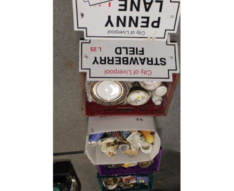 FOUR TRAYS OF CERAMICS AND SUNDRIES ETC TO INCLUDE VINTAGE FACE POTS 
