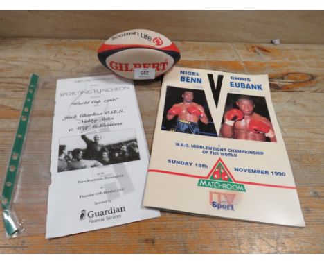 A SMALL QUANTITY OF SPORTING MEMORABILIA TO INCLUDE A NIGEL BENN v CHRIS EWBANK 1990 BOXING PROGRAMME, SIGNED MINIATURE RUGBY