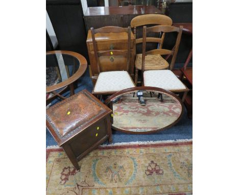 A VINTAGE OVAL MIRROR, THREE BEDROOM CHAIRS, WALNUT CABINET AND OAK SEWING STOOL (6)