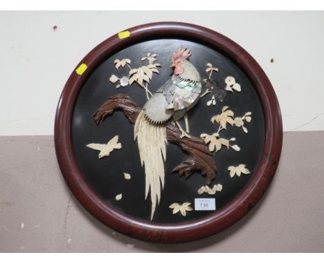 AN ORIENTAL STYLE LACQUERED MOTHER OF PEARL WALL HANGING DIA. 45 CM