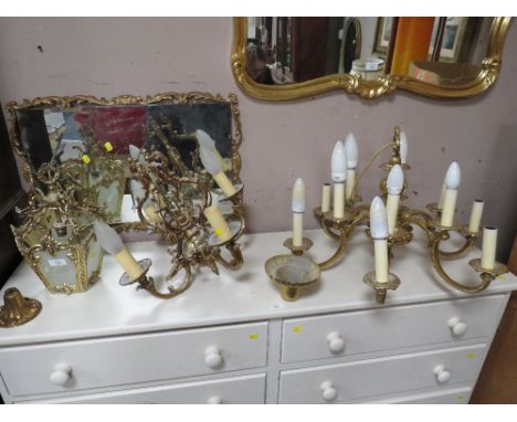 A BRASS LANTERN LIGHT FITTING TOGETHER WITH TWO HEAVY CHANDELIERS A/F