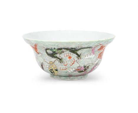 A Chinese celadon ground Famille-verte 'Dragon' bowl, the rounded sides rising to a splayed everted rim, the exterior enamell