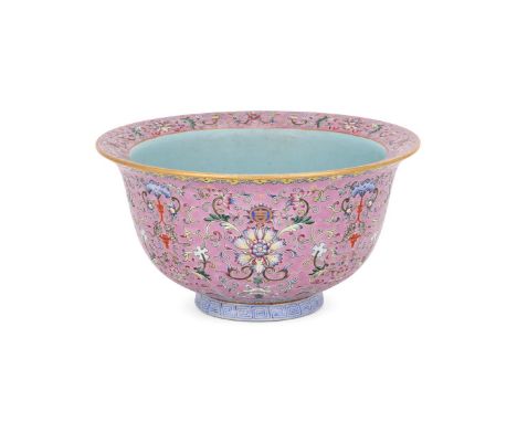 A Chinese Famille Rose pink-ground jardinière, possibly Daoguang period, decorated on the exterior in bright enamels with sty