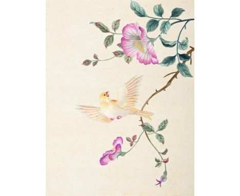 A set of four Chinese silk scrolls, Republican Period, all with fresh colours, in fine satin stitch with birds amongst flower