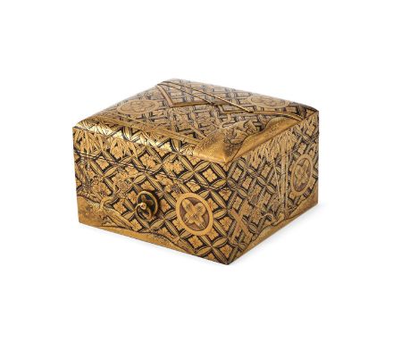 A Japanese Lacquer Kobako of square section, the cover modelled as a folded poem paper, the whole decorated on the roiro grou