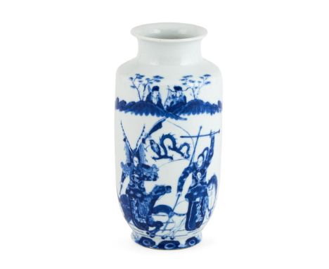 A Chinese blue and white vase, late Qing dynasty, painted with warriors on horseback, apocryphal Kangxi six character mark in