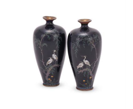 Ota Tamashiro: A Pair of Japanese Cloisonné Enamel Vases, each of tapered ovoid form on a slightly splayed foot, with narrow 