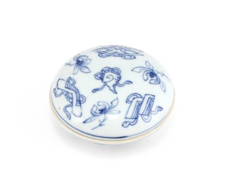 A Chinese blue and white seal paste box, Kangxi, the cover with precious objects and the base painted with a landscape, the b
