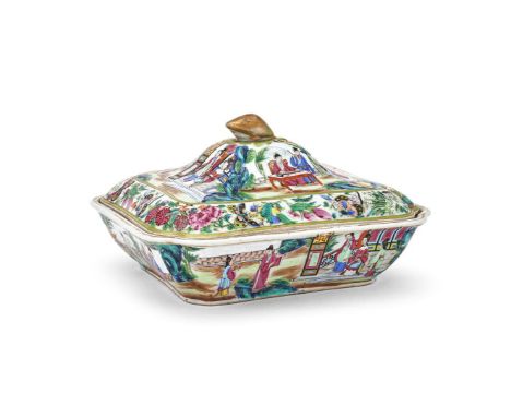 A Chinese Famille Rose vegetable tureen and cover, first half of the 19th century, of canted rectangular form, brightly paint