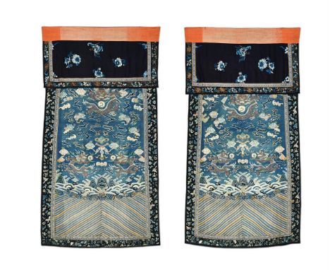 Two Chinese Kesi weave panels made from a 'dragon' robe, Qing dynasty, circa 1860, the gold five-clawed dragons have clasped 