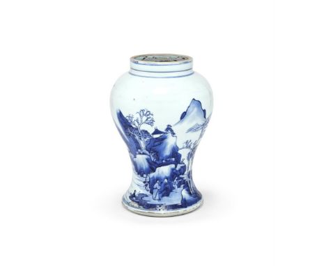 A Chinese blue and white vase, Kangxi, painted in bright cobalt tones with scholars strolling in a riverside mountainous land