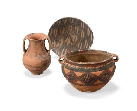 Two Chinese painted Neolithic pottery twin handled jars and a bowl, the globular jar 20.5cm wide (3)Provenance: From the Coll