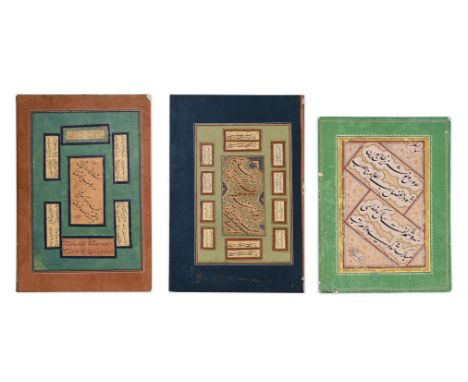 Three calligraphic album pages with poetry, India and Persia, 17th century and later, Persian manuscript, ink, watercolour an