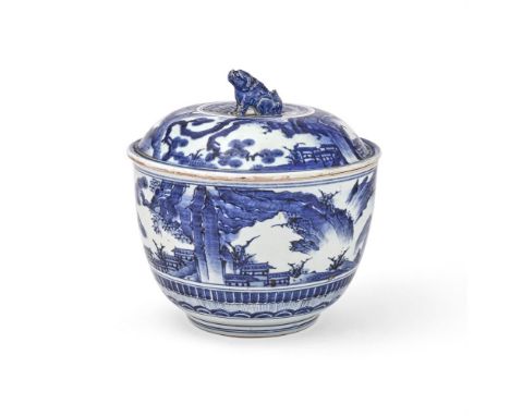 A large Japanese Arita blue and white porcelain bowl and cover, Edo Period, circa 1670, with steep sides rising from a raised