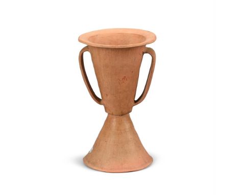A Chinese red pottery twin-handled vase, Neolithic period, Qijia Culture, circa 2050-1700BC, with wide, flaring mouth and fla