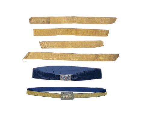 Two Chinese Mandarin's Dragon robe belts, late Qing dynasty, with original belt clasps, one finally embroidered in a geometri