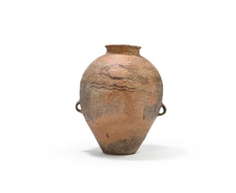 A large Chinese painted pottery jar, Neolithic period, circa 4700-3100 BC, with two loop handles to the body and painted with