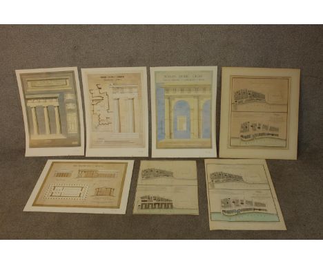 An assortment of 19th century coloured architectural drawings of Classical building style elements and settlement plans, unfr