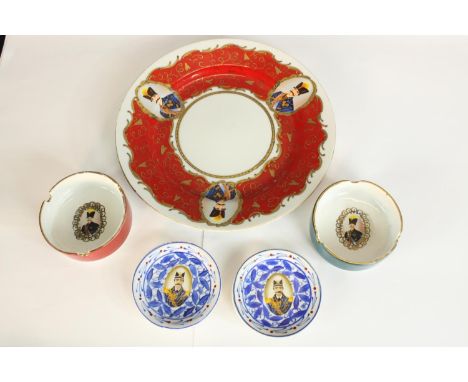 Shah of Persia: a collection of continental ceramics, a plate decorated with a foliate design red and gold with three colour 