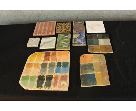 Assorted 19th century and later painted pottery and ceramic tiles to include a 19th century Gothic Revival style tile L.25 W.