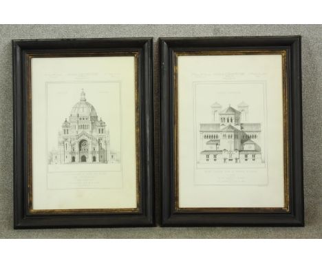 Two 20th century French architectural framed prints, Facade Posterieure &amp; Elevation Principale H.80 W.60cm. (each) 