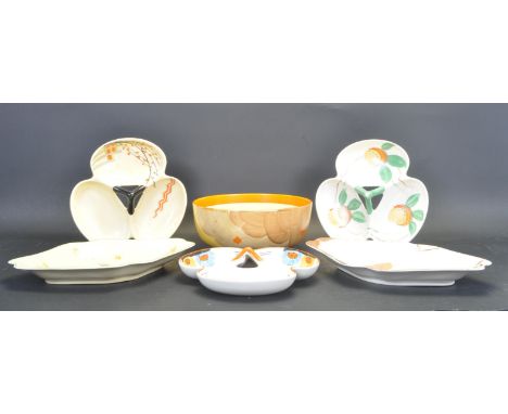 A collection of early 20th century Art Deco circa 1930s hand painted Myott china comprising of a large bowl, a set three dish