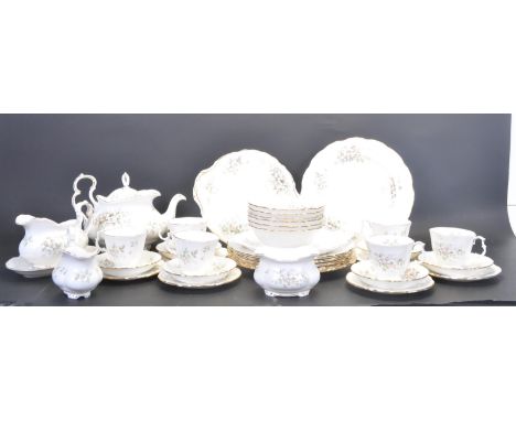 A large vintage 20th century bone china ceramic porcelain Royal Albert Haworth pattern tea service and dinner service. The co