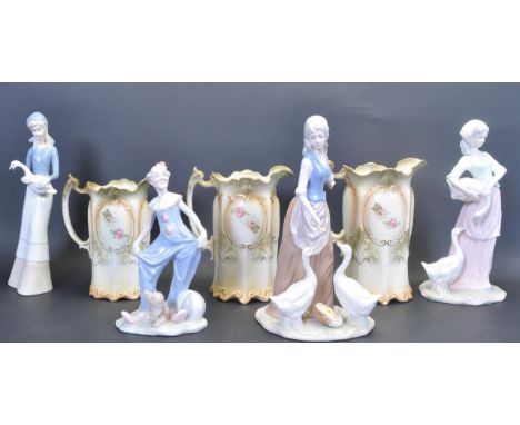 A collection of vintage 20th century Lladro / Nao type figurines to include clown, maiden, girl feeding ducks etc. Together w