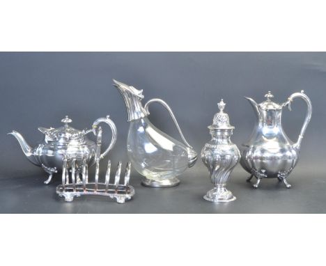 A collection of 20th century silver plated ware to include a Mappin and Webb silver plated teapot and Coffee pot, tall Victor