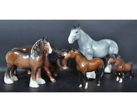 A collection of vintage late 20th century ceramic animals comprising of a Shire horse, bull, pygmy horse and more. To include