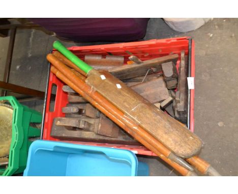 A quantity of wooden workshop tools together with a cricket bat and stumps