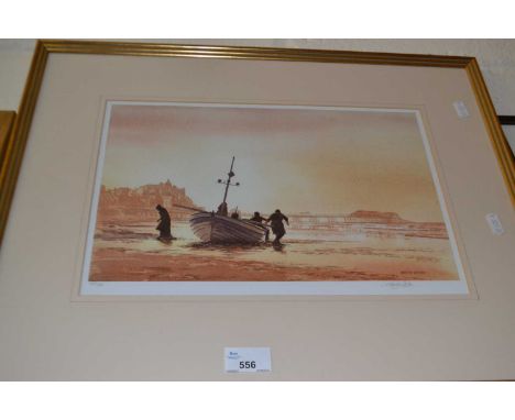 Limited edition signed print after Martin Sexton depicting fishermen on Cromer beach