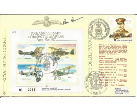 WW2 fighter ace signed RAF cover. 70th Anniversary of the Battle of Arras April -May 1917 signed FDC No. 245 of 1000. Flown i