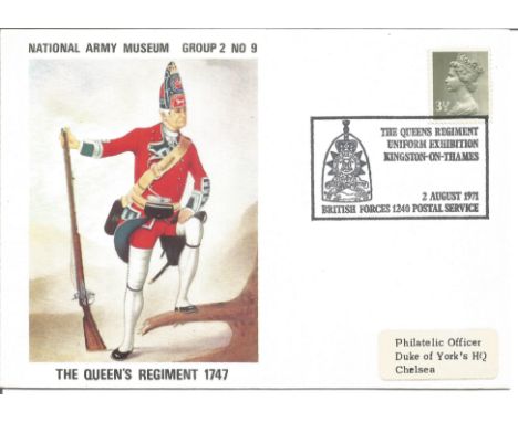 National Army Museum Group 2 No 9 The Queens Regiment 1747 unsigned FDC date stamp 2 August 1971 The Queens Regiment Uniform 