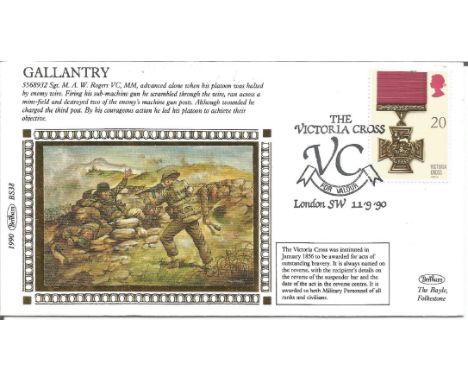 FDC Gallantry Sargent M. A. W. Rogers. Who was awarded the Victoria Cross. Postmark 11. 9. 90. Good Condition. All autographs