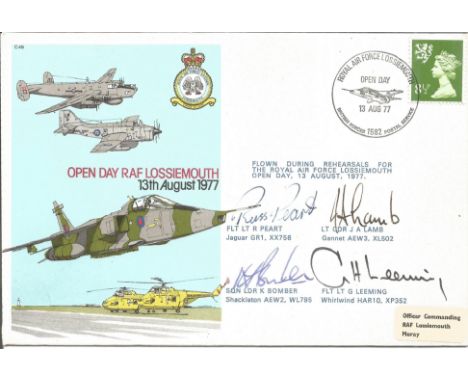 Open Day RAF Lossiemouth 13th August 1977 signed pack of 4 FDC. Signed by Flt Lt R. Peart, Lt Cdr J. A. Lamb, Sqn Ldr K. Bomb