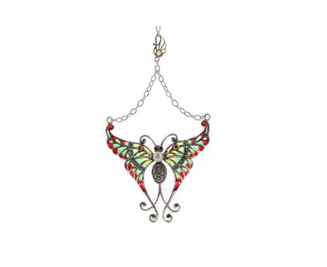 PLIQUE A JOUR BUTTERFLY NECKLACE, with marcasite and pearl body, ruby eyes, yellow, green and red enamelled wings, suspended 