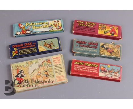 Walt Disney coloured lantern slides in original boxes, some with story inserts published by Ensign, including; Donald Duck in