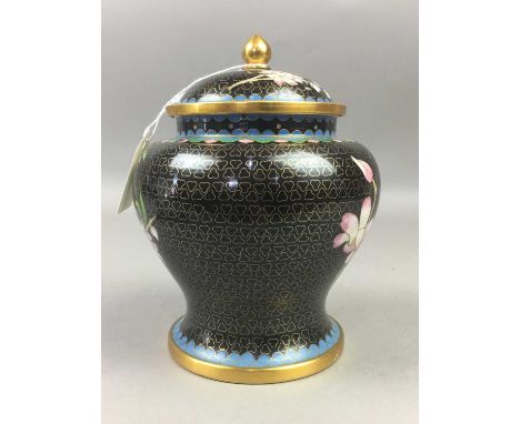 CHINESE CLOISONNE VASE,with cover, 17cm high, together with a further vase and two trinket boxes, one formed as a butterfly, 