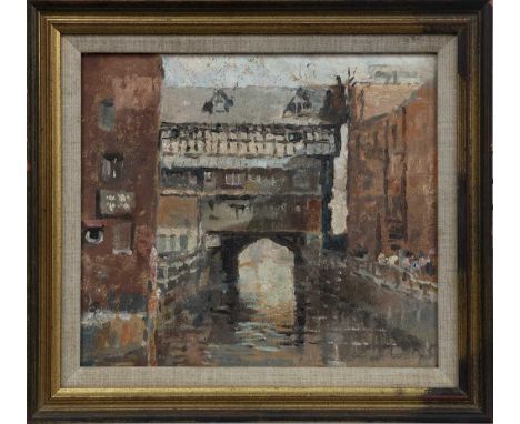 STYLE OF KEN HOWARD OBE RA (BRITISH b. 1932),RIVER SCENE,oil on board, inscribed "K Howard" verso,image size 23cm x 27cm, ove