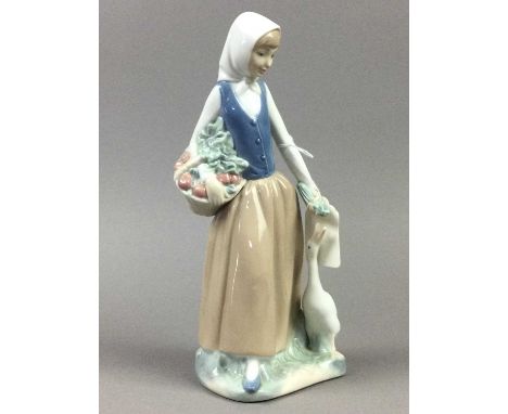 LLADRO FIGURE,of female with goose and basket of flowers, 25cm high, along with five other figures of girls (6)Condition is f