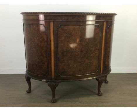 WALNUT D-SHAPED LOUNGE COMMODE CABINET,on short cabriole legs, 100cm high, 120cm wide, 48cm deep 