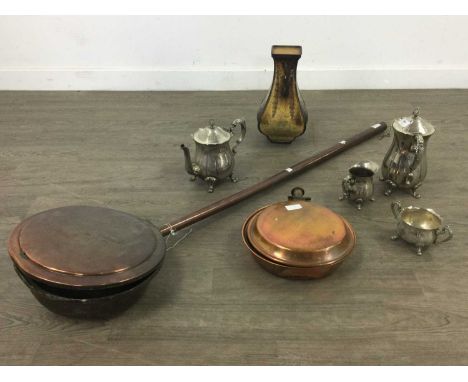 GROUP OF PLATED AND BRASS WARE,including a bed warming pan and a four piece tea service 