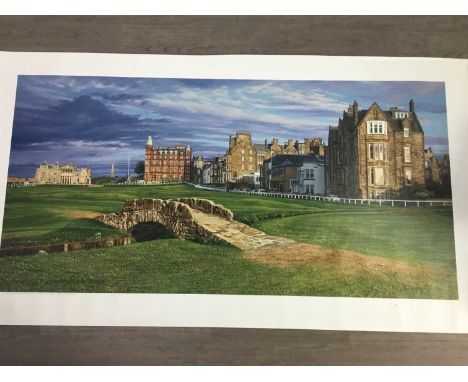 LARGE GICLEE PRINT OF THE SWILCAN BRIDGE,THE 18TH HOLE OF THE OLD COURSE, ST. ANDREWS,canvas giclee print, after Linda Hartou