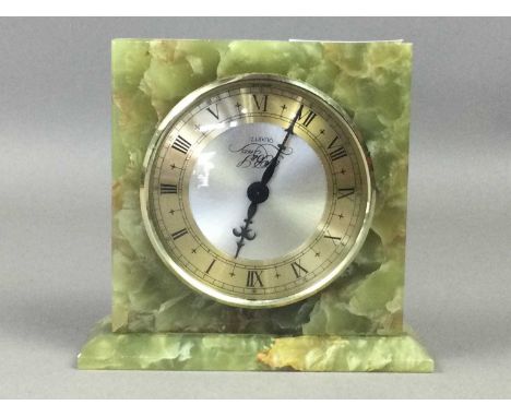 PAIR OF BRASS PIERCED VASES,14cm high, along with two table cigarette lighters, also a group of onyx including a clock and th