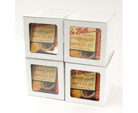 Forty-eight packets of new La Bella Golden Alloy acoustic guitar strings including extra light, light and medium gauges