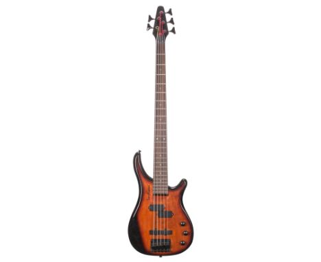 Tanglewood five string bass guitar, made in Korea; Finish: two-tone tobacco burst; Fretboard: rosewood; Frets: good; Electric