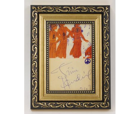 Jimi Hendrix - framed autograph in blue pen 'Jimi Hendrix, 1969', below orange figures doodled in blue pen and inscribed 'Woo